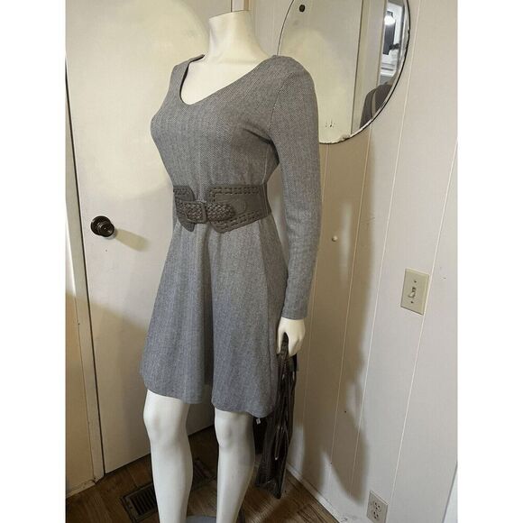 Amadi Anthropologie Womens Small Tweed Mini Dress Racer Back Belted Taupe V Neck - Picture 3 of 8